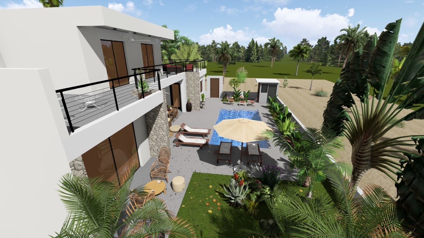 Rendu 3D villa avec aménagement paysager et piscine