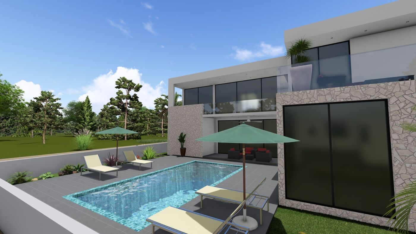 Rendu 3D villa avec piscine et façade pierre