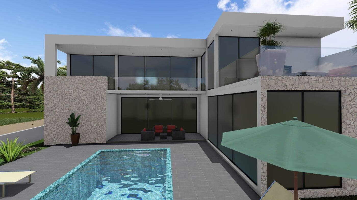 Rendu 3D villa moderne façade verre et pierre