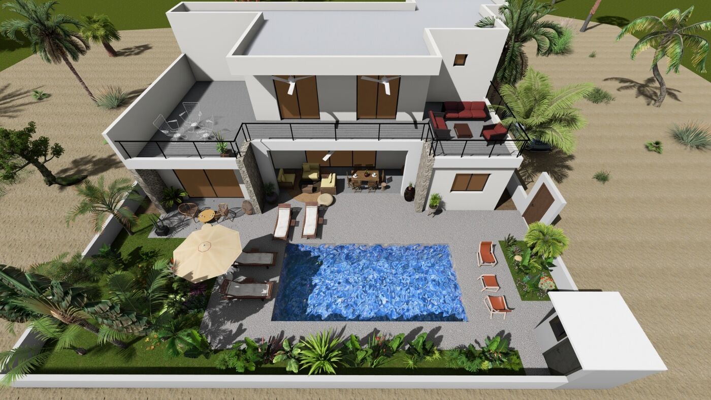 Vue aérienne villa avec piscine et jardin